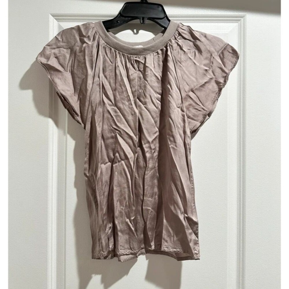 Olivaceous Flutter Sleeve Silk Like Blouse